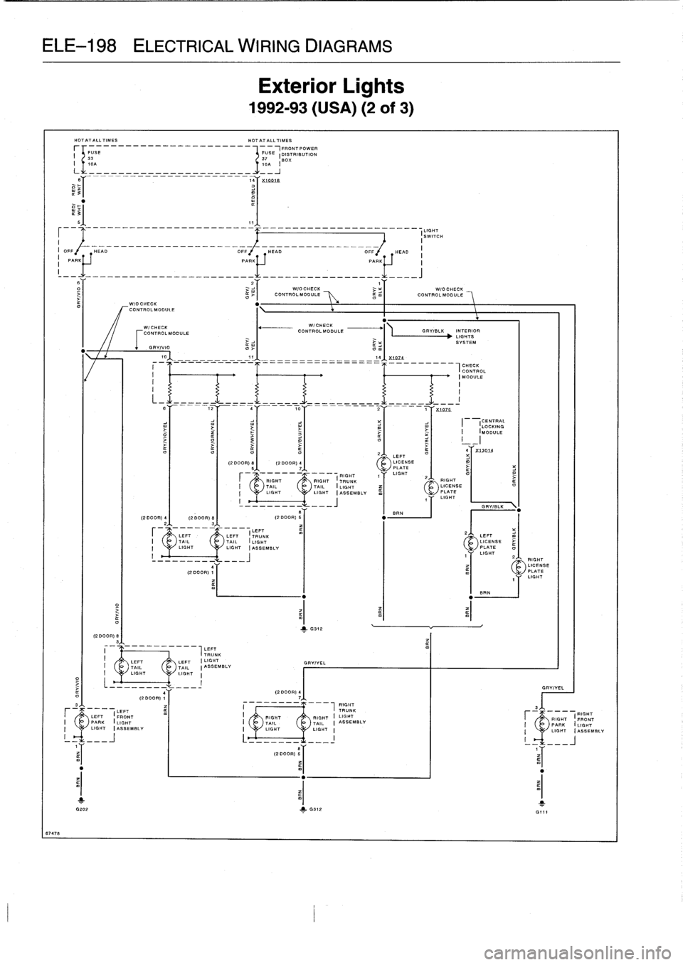 BMW 325i 1993 E36 Owners Manual
ELE-198
ELECTRICAL
WIRING
DIAGRAMS
87478
HOTATALLTIMES
HOT
AT
ALL
TIMES
-------------------
71FRONTPOWER
I
FUSE
FUSE
(DISTRIBUTION
33
37
BOX
-=r
3
10A
t0A
I
__
I
%(00,9
_
BMW 325i 1993 E36 Owners Manual
ELE-198
ELECTRICAL
WIRING
DIAGRAMS
87478
HOTATALLTIMES
HOT
AT
ALL
TIMES
-------------------
71FRONTPOWER
I
FUSE
FUSE
(DISTRIBUTION
33
37
BOX
-=r
3
10A
t0A
I
__
I
%(00,9
_