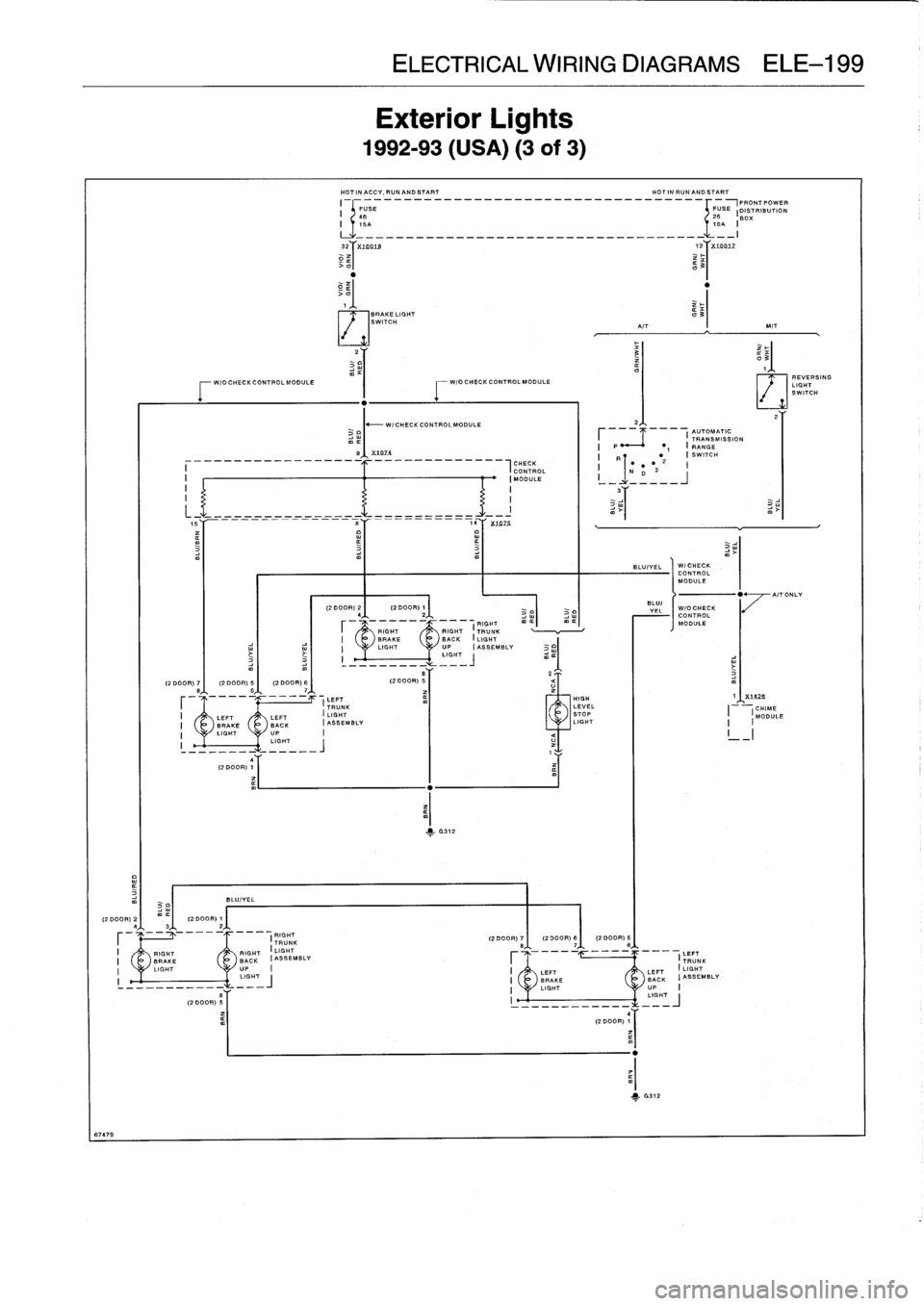 BMW 318i 1997 E36 User Guide 
67479

(2DOOR)
2f
-12
DOOR)1
43

	

2

BLU/VEL

LIGHT

	

UP
I

I
--------

	

------
11"
,
j

(RIGHTTRUNK
I

	

RIGHT

	

RIGHT

	

I
LIGHT
I

	

BRAKE

	

BACK
IASSEMBLV

Exterior
Lights

1992-93
(