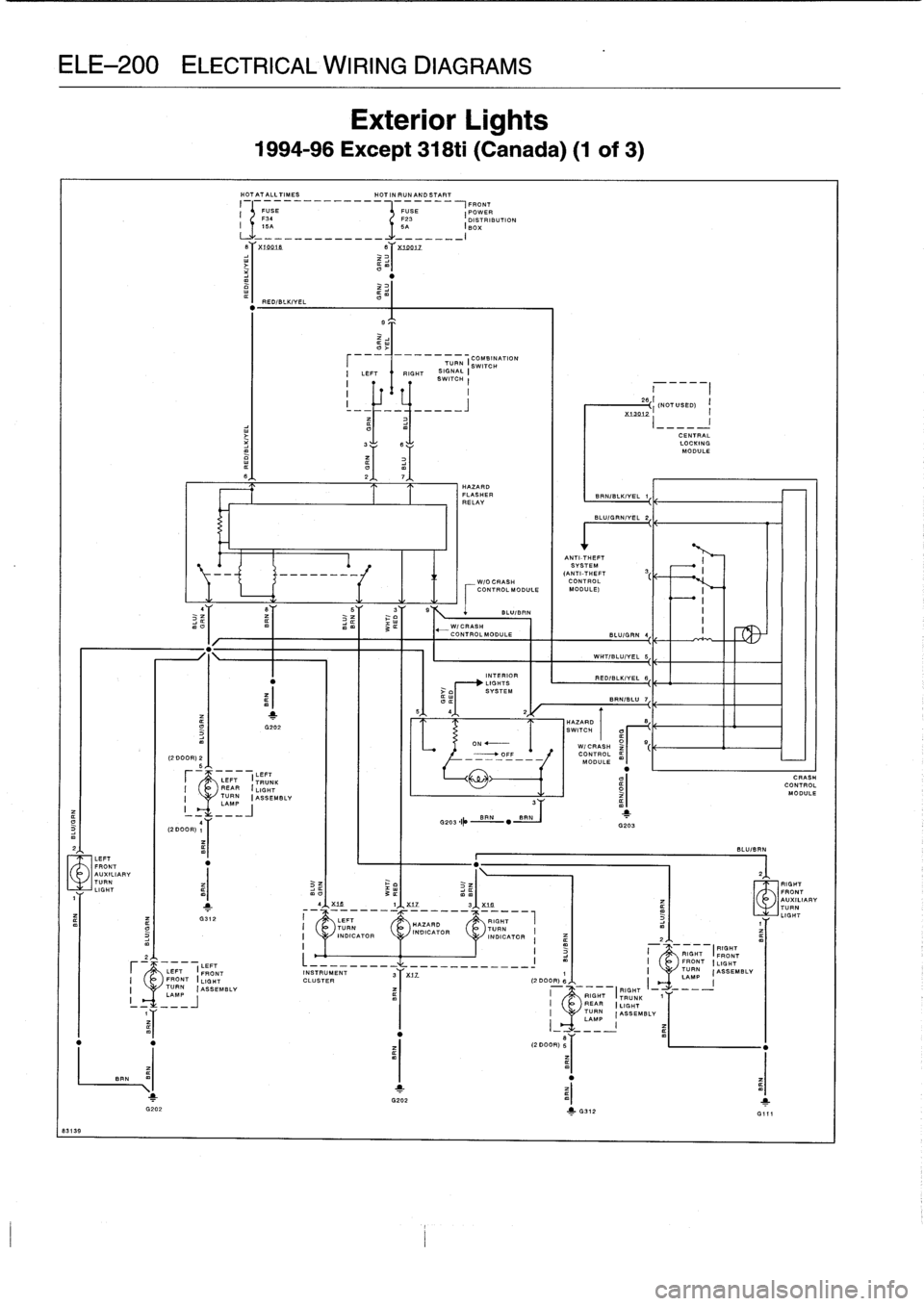 BMW M3 1993 E36 Service Manual 
ELE-200
ELECTRICAL
WIRING
DIAGRAMS

8313
9

LEFT
FRONT
AUXILIARY
TURN

BR

r

I

(2
DOOR)
1

_
LM-
J

1
G312

I
LEFTLEFT
FRONTFRONT
ILIGHT
TURN
(ASSEMBLY

Exterior
Lights

1994-96
Except
318ti
(Canad