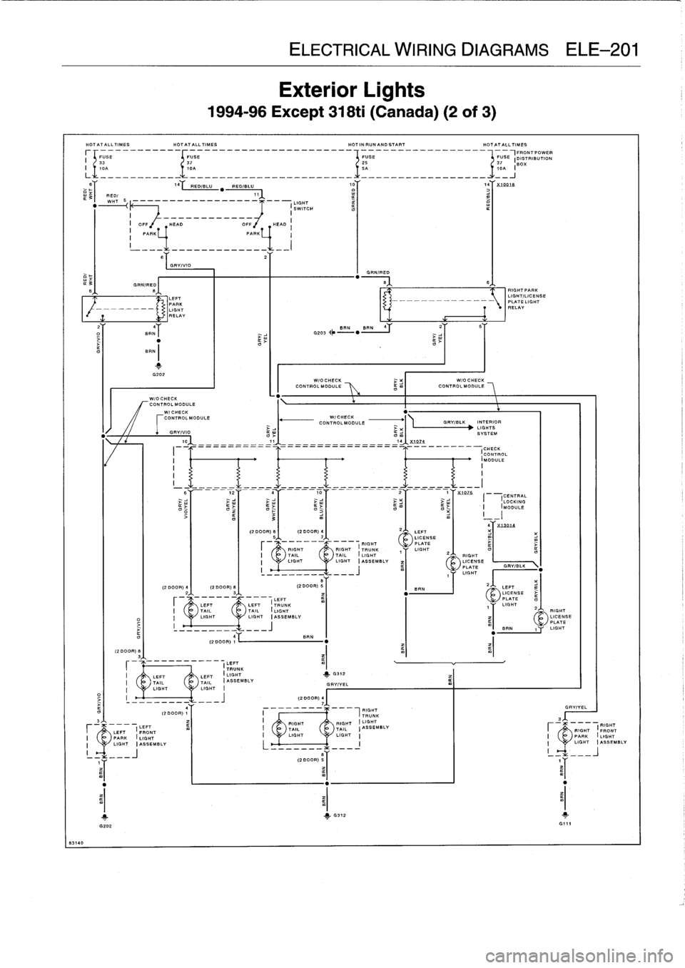 BMW 325i 1993 E36 Owners Manual
8314
0
14Y
e~p
/BLU
RED/BLU
"
w
.T
r
I
DIMMED
LEFT
PARK
--
-----
LIGHT
RELAY
2
4
OT
BRNT
I
LEFTLEFT
FRONT
PARK
(LIGHT
LIGHT
(ASSEMBLY
Exterior
Lights
1994-96
Except
318ti
(Canada)
(2 BMW 325i 1993 E36 Owners Manual
8314
0
14Y
e~p
/BLU
RED/BLU
"
w
.T
r
I
DIMMED
LEFT
PARK
--
-----
LIGHT
RELAY
2
4
OT
BRNT
I
LEFTLEFT
FRONT
PARK
(LIGHT
LIGHT
(ASSEMBLY
Exterior
Lights
1994-96
Except
318ti
(Canada)
(2
