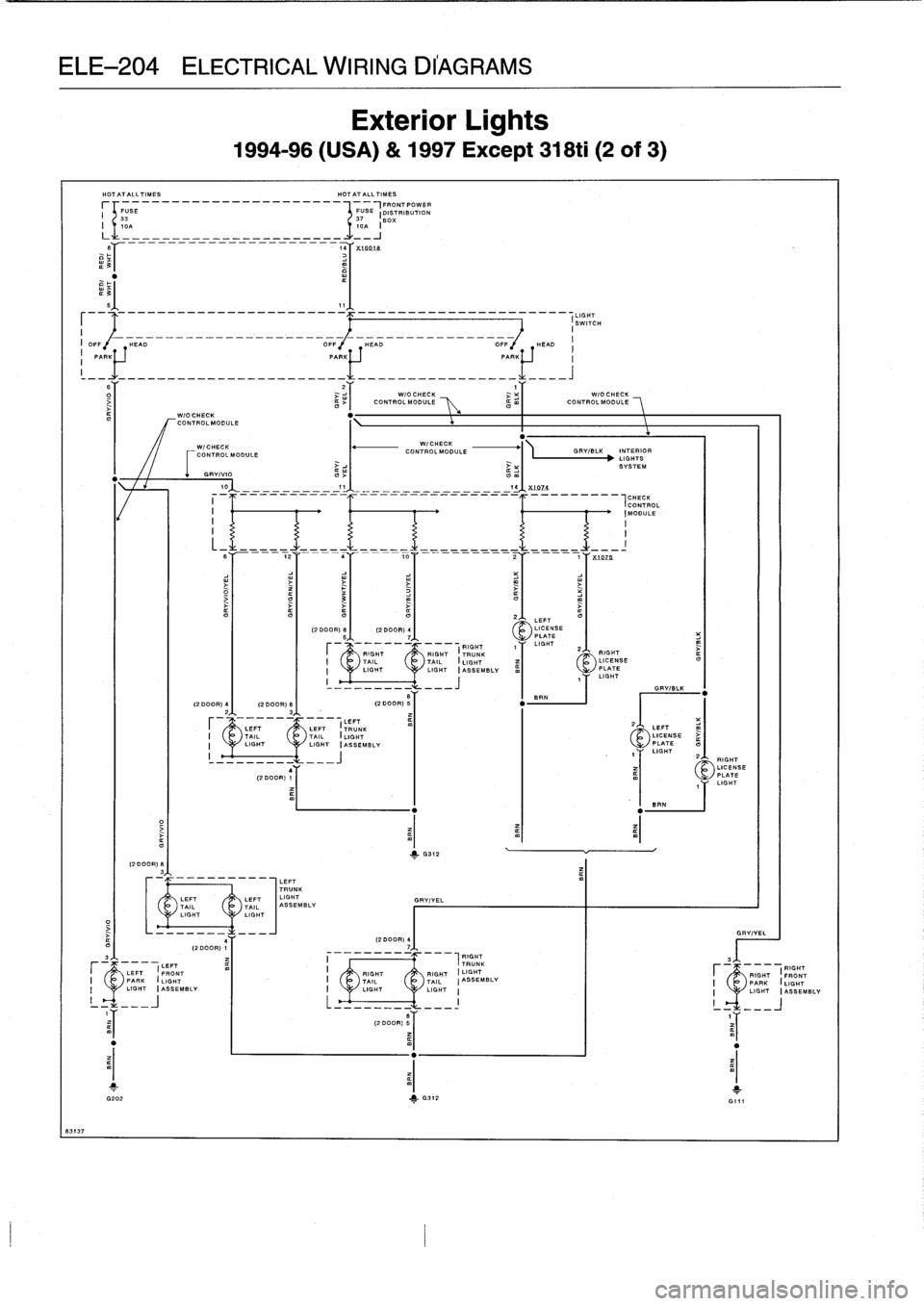 BMW 325i 1993 E36 Owners Manual
ELE-204
ELECTRICAL
WIRING
DIAGRAMS
8313
7
HOT
AT
ALL
TIMES
HOT
AT
ALL
TIMES
rrFUBE
FUSE
,FRONTPOWER
(DISTRIBUTION
33
37
B0K
10A
~
iDA
I
L
,
l
-------------------------
A,__J
-- BMW 325i 1993 E36 Owners Manual
ELE-204
ELECTRICAL
WIRING
DIAGRAMS
8313
7
HOT
AT
ALL
TIMES
HOT
AT
ALL
TIMES
rrFUBE
FUSE
,FRONTPOWER
(DISTRIBUTION
33
37
B0K
10A
~
iDA
I
L
,
l
-------------------------
A,__J
--