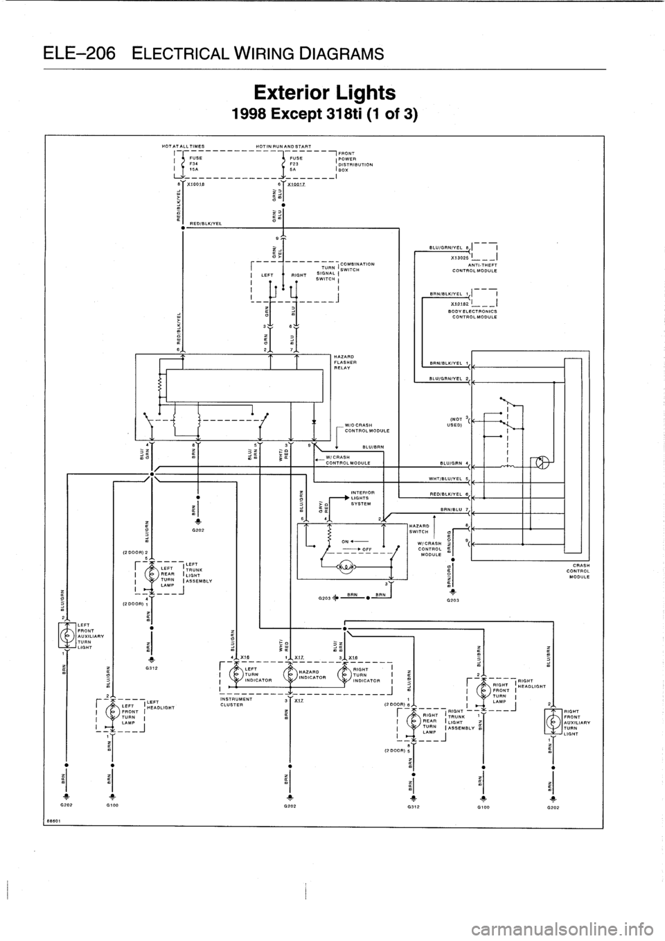 BMW M3 1998 E36 Workshop Manual
ELE-206
ELECTRICAL
WIRING
DIAGRAMS
86601
t_
1
G202
G100
I
FUSE
F3C
15A
¢
I
RED/BLK/VEL
Exterior
Lights
1998
Except
318ti
(1
of
3)
HOTATALLTIMES
HOT
IN
RUNAND
START
Ly
___________ BMW M3 1998 E36 Workshop Manual
ELE-206
ELECTRICAL
WIRING
DIAGRAMS
86601
t_
1
G202
G100
I
FUSE
F3C
15A
¢
I
RED/BLK/VEL
Exterior
Lights
1998
Except
318ti
(1
of
3)
HOTATALLTIMES
HOT
IN
RUNAND
START
Ly
___________