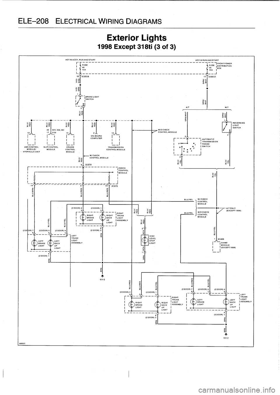 BMW 318i 1997 E36 Workshop Manual 
ELE-208
ELECTRICAL
WIRING
DIAGRAMS

88603

4
(2DOOR)
1

HOTINACCV,PUNANDSTART

	

HOTINRUNANDSTART
r
-5E---_--__-------------
._____-___--------
FUSE
FRONTPOWER
26
I
DISTRIBUTION
BOX
IoA
I
Lk___--___