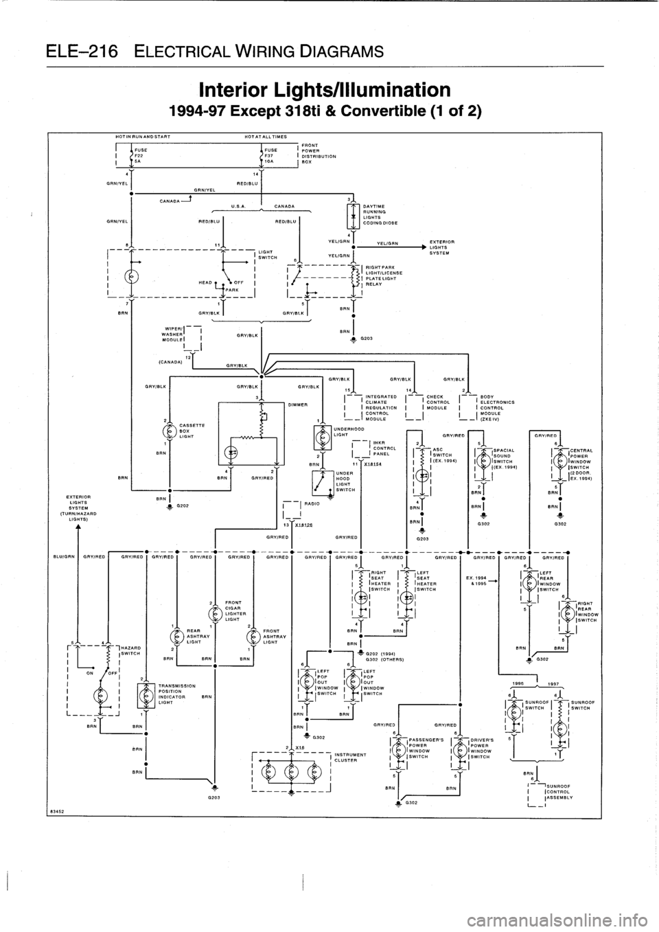 BMW 328i 1997 E36 Service Manual 
ELE-216
ELECTRICAL
WIRING
DIAGRAMS

8345
2

EXTERIOR
LIGHTS
SYSTEM
(TURN/HAZARD
LIGHTS)

r
5
	-
-
-
`~

	

HAZARD
I

	

(SWITCH
I

	

I
ON
OFF
2
I

	

I

	

®
TRANSMISSION
I

	

I

	

POSITION
I

	
