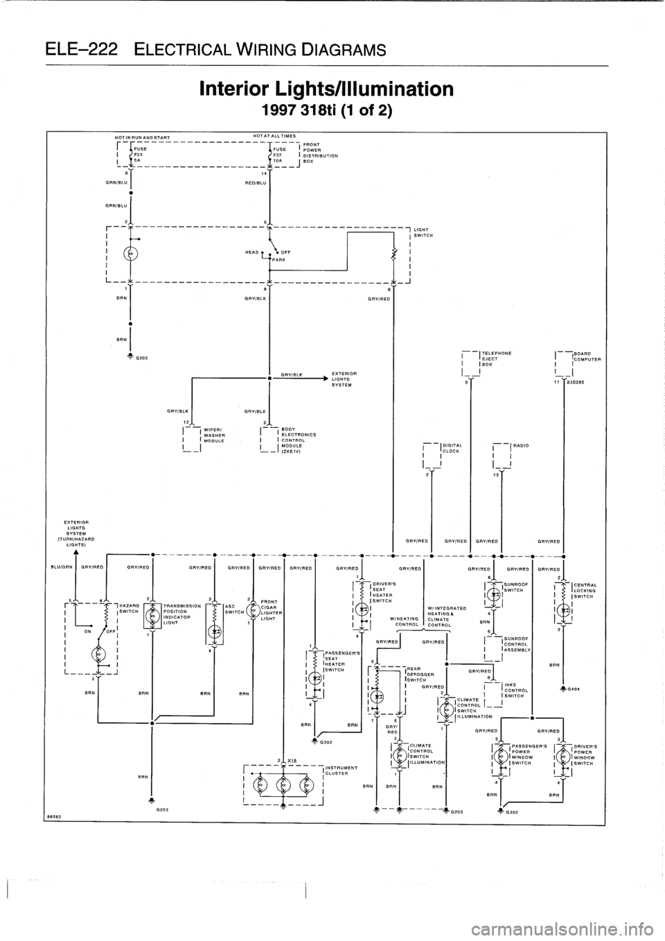 BMW 328i 1997 E36 Service Manual 
ELE-222
ELECTRICAL
WIRING
DIAGRAMS

BBS92

EXTERIOR

ON
OFF

II

	

II

	

II

	

I

HOT
IN
RUNAND
START

	

HOT
AT
ALL
TIMES
r

	

T
FRONT
1FI1SE

	

FUSE

	

I
POWER
I

	

rF23

	

F37

	

I
DISTRI