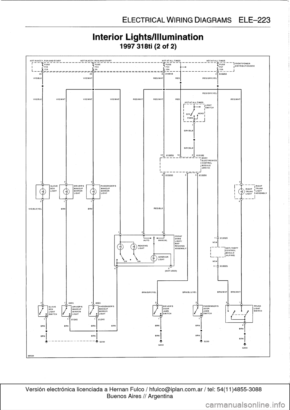 BMW 318i 1997 E36 Owners Manual 
ELECTRICAL
WIRING
DIAGRAMSELE-223

Interior
Lights/Illumination

1997
318ti
(2
of
2)

88584

28

	

26

	

6
X10018

	

2
X10260
V10/BLKI

	

VIO/WHT

	

RED/WHT
REDI

	

REDIGRY/YEI
.I

I

	

I

VIO