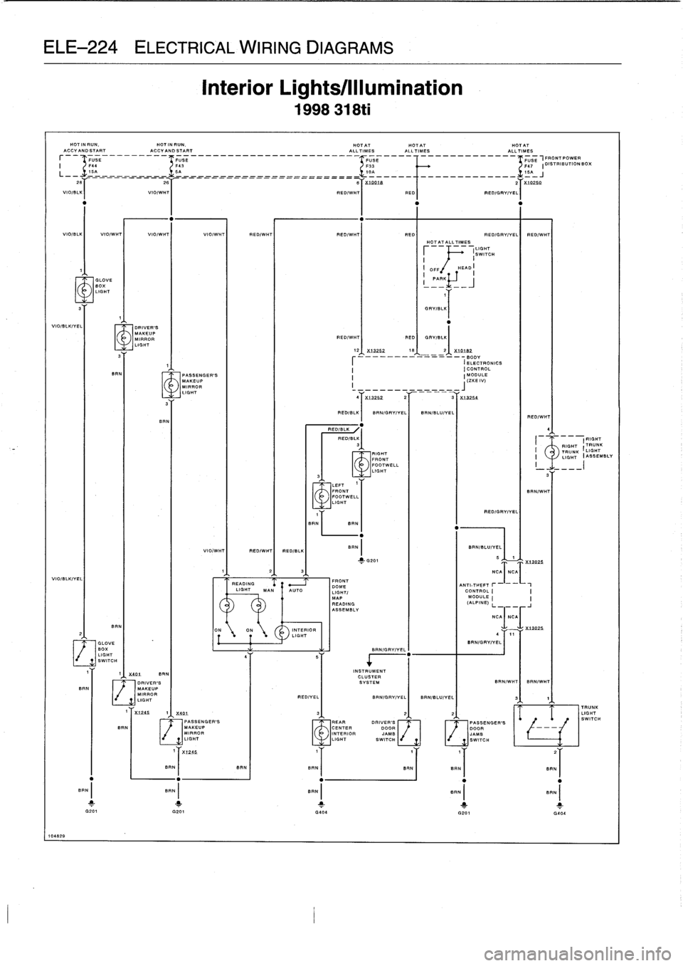 BMW 318i 1997 E36 Owners Guide 
ELE-224
ELECTRICAL
WIRING
DIAGRAMS

VIO/BLKIYEL
VIO/BLK/YEL

10482
9

HOT
IN
RUN,

	

HOTINRUN,

	

HOTAT

	

HOTAT

	

HOT
AT
ACCYANDSTART

	

ACCYANDSTART

	

ALLTIMES
ALLTIMES

	

ALL
T
T~IMES

I
