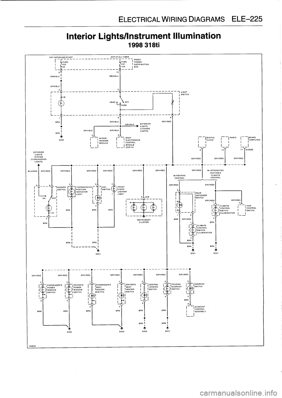 BMW 328i 1997 E36 Service Manual 
HOT
IN
RUN
AND
START

	

HOT
AT
ALL
TIMES
I
FRONT
FUSE

	

FUS
F~

	

EPOWER
F23

	

137

	

I
DISTRIBUTION
-
BA

	

10A
BOX

BY

	

14
GRN/BLU
i

	

RED/BLU

GRNIBLU
2t

	

5
LIGHT
I

	

I
SWITCH
I
