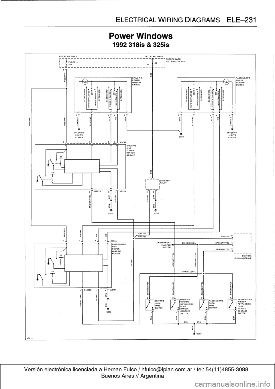 BMW 323i 1995 E36 Workshop Manual 
30

q---

t

INTERIOR
LIGHTS
SYSTEM

92BB

	

.
T

	

a
T
X97_44

1
G202

ELECTRICAL
WIRING
DIAGRAMS
ELE-231

Power
Windows

1992
318is
&
325is

HOT
AT
ALL
TIMES

	

HOT
AT
ALL
TIMES
r-

	

1FRONTPOW