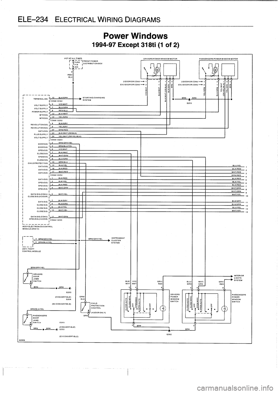 BMW 318i 1997 E36 Repair Manual 
ELE-234
ELECTRICAL
WIRING
DIAGRAMS

82908

L
1
3
--J
8
RED/
BLU

I

	

TERMINAL30H
I
12

	

BLKIGRN

	

STARTING/CHARGING
I

	

ICONN10182

	

SYSTEM

BLK/GRV
REVOLUTIONSIG
I~
~
9
REVOLUTIONSIG
I)
-
