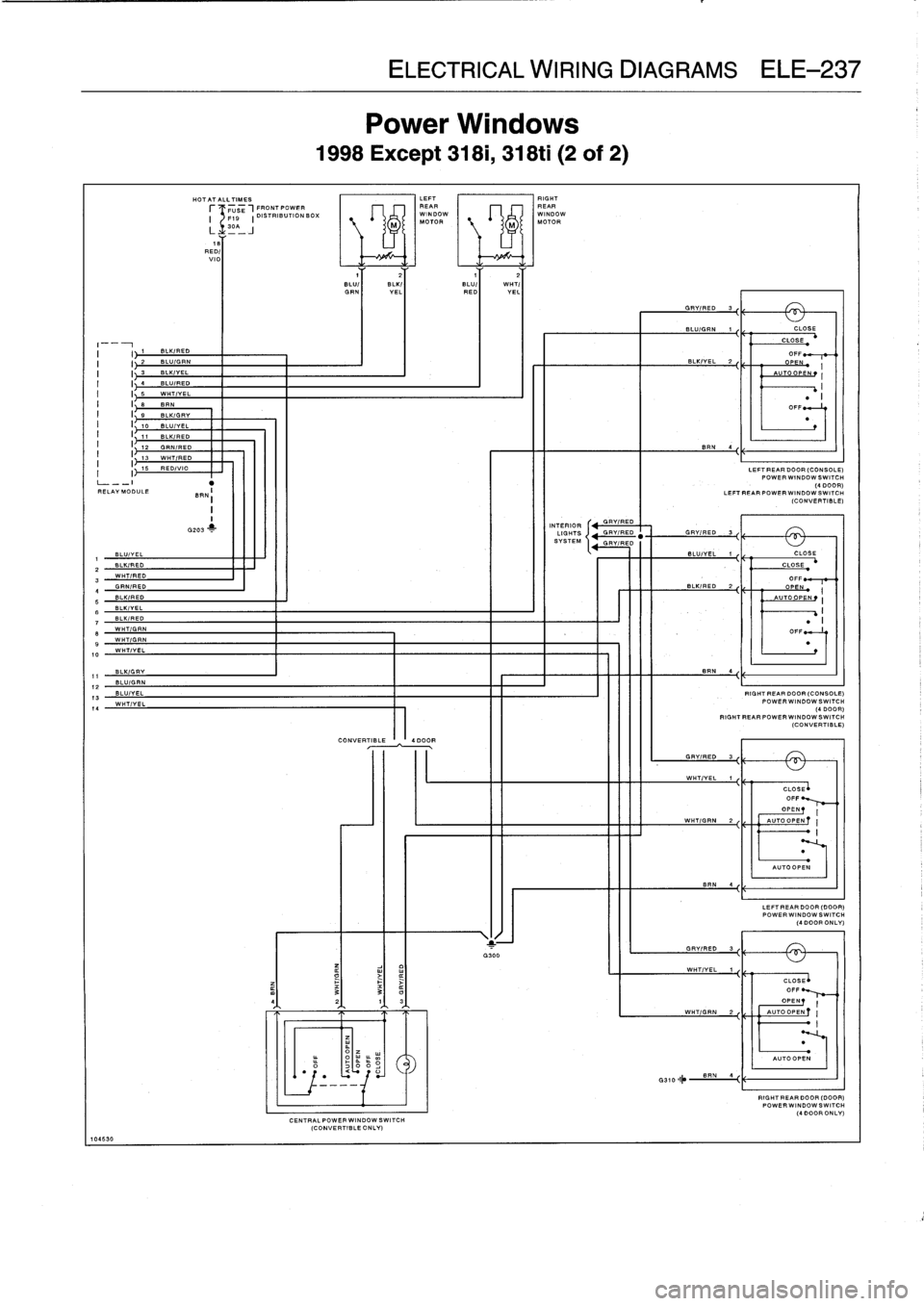 BMW 323i 1995 E36 Workshop Manual 
L__-I
RELAY
MODULE

1
BLU/YEL
-[RED
2
WHT/RED
34
GRN/RED
5
BILK/RED
BLK/YEL
B
BLK/RED
TB
WHT/GRN
9
WHT/GRN
10
WHTIYEL

10453
0

BLK/GAYBLUIGRN
BLUIYEL
WHT/YEL

HOTATALLTIMES

	

LEFT

	

RIGHT
r

	

