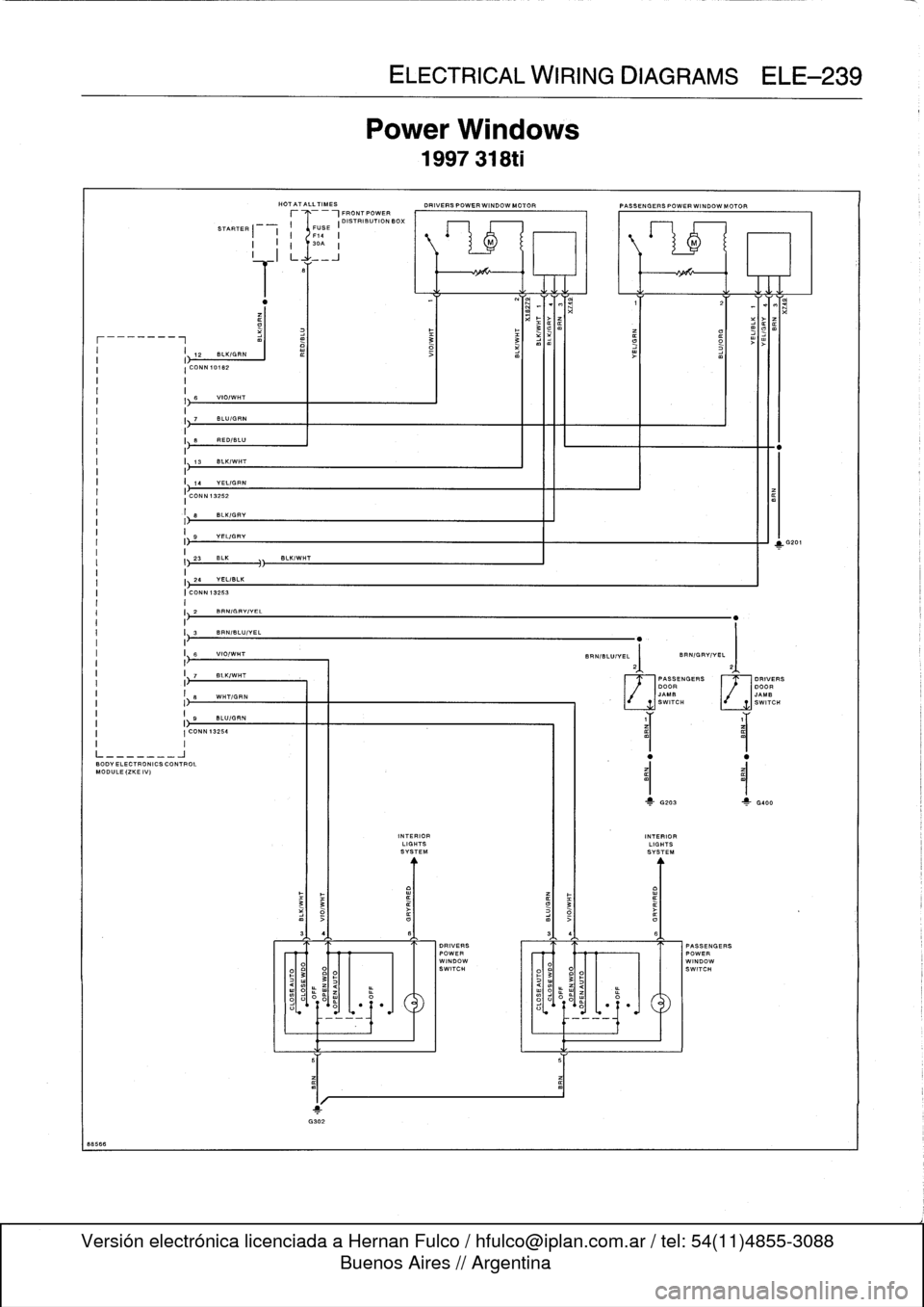 BMW 323i 1995 E36 Workshop Manual 
BB586

I

h
B

	

RED/BLU

1
13
SLKjWHT

14
YELIGRN
CON
N
13252

BODYELECTRONICS
CONTROL
MODULE
(ZKE
IV)

S
BLK/GRY

D
YELIGRY

2
BRNIGRYIYEL
BRN/BLU/YEL

VIO/WHT

I7
BLK/WHT
I

I}
-
I-
WHTIGRN

I~
I