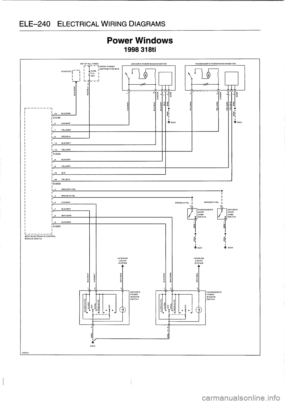 BMW 323i 1995 E36 Workshop Manual 
ELE-240
ELECTRICAL
WIRING
DIAGRAMS

104521

IIII
I
I1
I
%1325
2

S
BLK/GRY

9
YELI
GRY

23
BLK

24
YELIBLK
I
X13253
.II
2
B
II
33
E
I
I

	

8

	

V~

	

10/

	

HT
I
I
B~
I

Power
Windows

1998
318ti