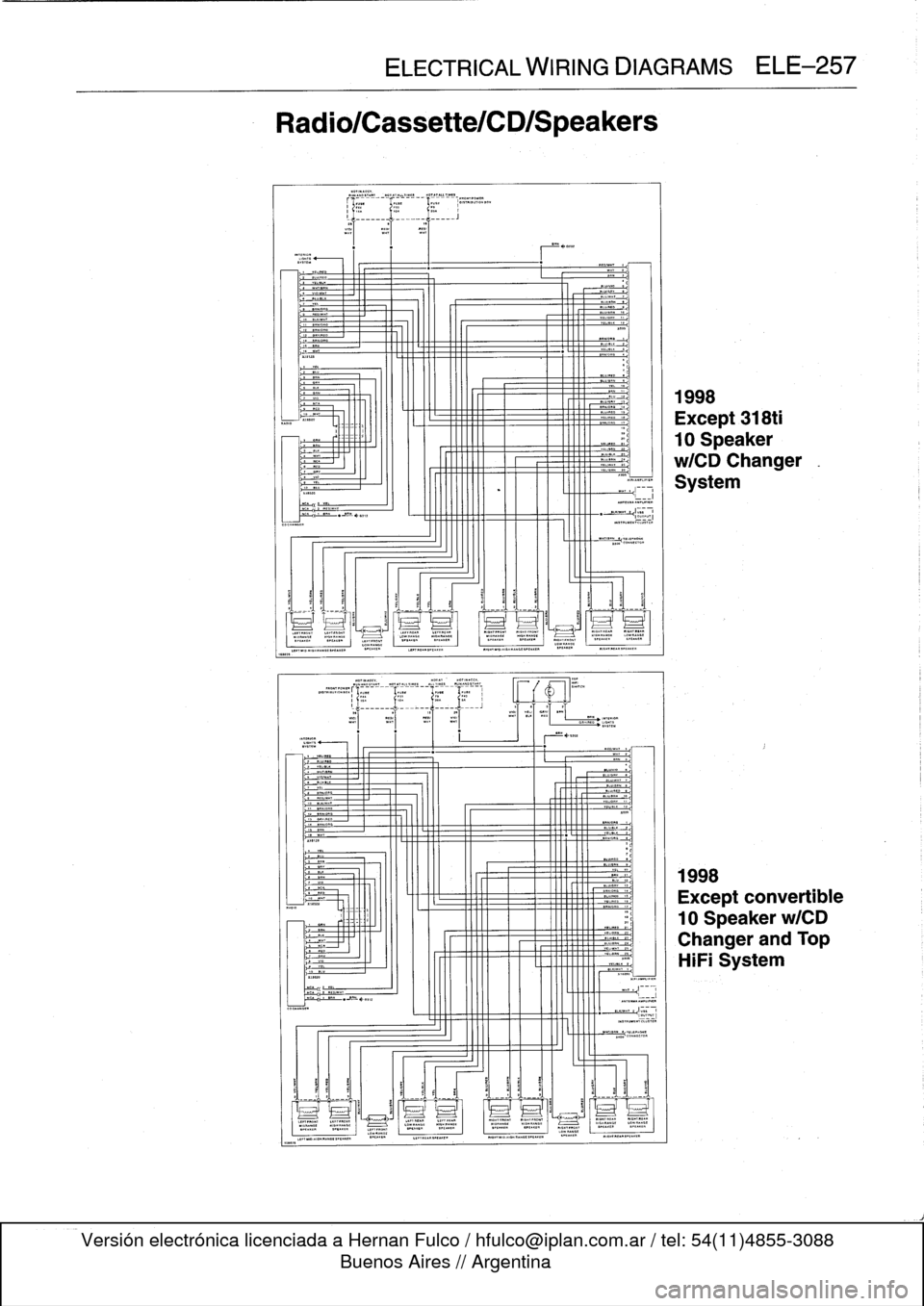 BMW 328i 1997 E36 Repair Manual Radio/Cassette/CD/Speakers

ELECTRICAL
WIRING
DIAGRAMS
ELE-257

fi
::;
.
..
.
._
.
.,

r

L

.....

rM~N
"
IIIINN

1998
Except
318ti

10
Speaker

w/CD
Changer

System

1998

Except
convertible

10
Spe