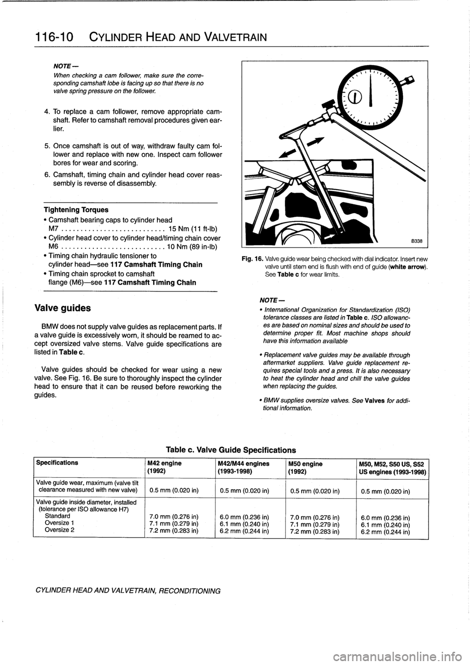 BMW 318i 1996 E36 Workshop Manual 
116-
1
0

	

CYLINDER
HEADAND
VALVETRAIN

NOTE-

When
checking
a
cam
follower,
make
sure
the
corre-
sponding
camshaft
lobe
ís
facing
up
so
that
there
is
no
valve
spring
pressure
on
the
follower
.

4