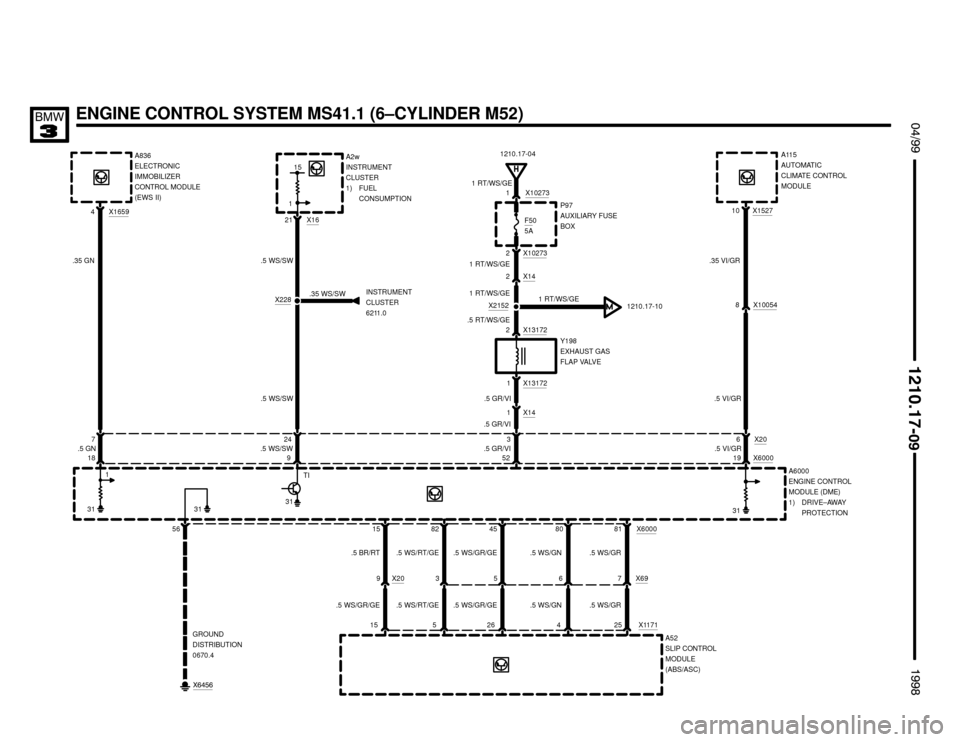 BMW 328i 1998 E36 Electrical Troubleshooting Manual ENGINE CONTROL SYSTEM MS41.1 (6–CYLINDER M52)
.5 VI/GR
 $%%


%%&

A2w
INSTRUMENT
CLUSTER
1) FUEL
CONSUMPTION
X16
21
7
9 24
82
3
.35 WS/SW .5 WS/SW
.5 WS/SWX228INSTRUMENT
CLUSTER
6211.