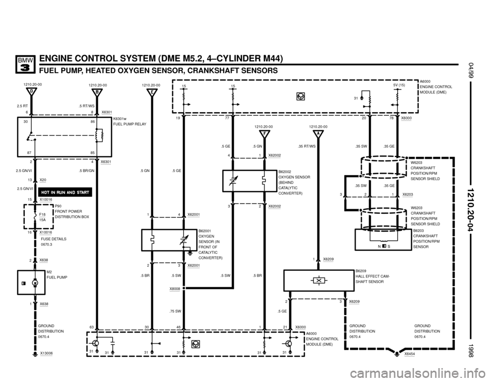 BMW 328i 1998 E36 Electrical Troubleshooting Manual .5 GN
B62002
OXYGEN SENSOR
(BEHIND
CATALYTIC
CONVERTER)
X6200232
.5 GE
X62002
1 4
.5 BR .5 SW
.5 GN

FUEL PUMP, HEATED OXYGEN SENSOR, CRANKSHAFT SENSORS
 $%%

%%&

ENGINE CONTR