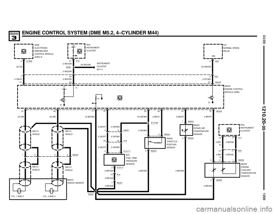 BMW M3 1998 E36 Electrical Troubleshooting Manual X14
 $%%

%%&

ENGINE CONTROL SYSTEM (DME M5.2, 4–CYLINDER M44)
A836
ELECTRONIC
IMMOBILIZER
CONTROL MODULE
(EWS II)
7071
X16594
.5 SW/VIX228
.35 GN
15
10
X600074
B6232
ENGINE
COOLANT

