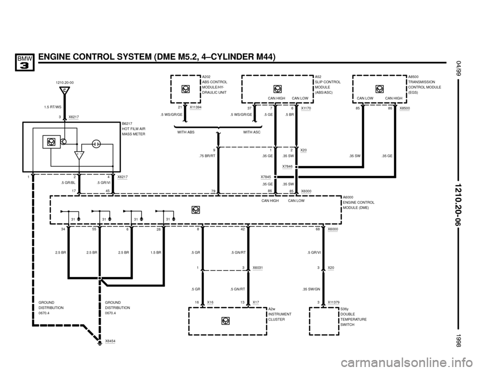 BMW 318is 1998 E36 Electrical Troubleshooting Manual WITH ABS
 $%%

%%&
	
ENGINE CONTROL SYSTEM (DME M5.2, 4–CYLINDER M44)
34
86
X600068
S36y
DOUBLE
TEMPERATURE
SWITCH X11379
.35 GEA8500
TRANSMISSION
CONTROL MODULE
(EGS)
55
6
1210.20-00
