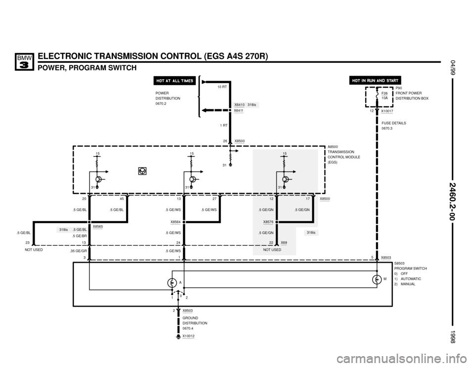 BMW 323i 1998 E36 Electrical Troubleshooting Manual .5 GE/BL10 RT

POWER, PROGRAM SWITCH
 $%%
	
%%&

ELECTRONIC TRANSMISSION CONTROL (EGS A4S 270R)
151515
A8500
TRANSMISSION
CONTROL MODULE
(EGS)
20 13X8500
12
.5 GE/BL
3 13
NOT USE