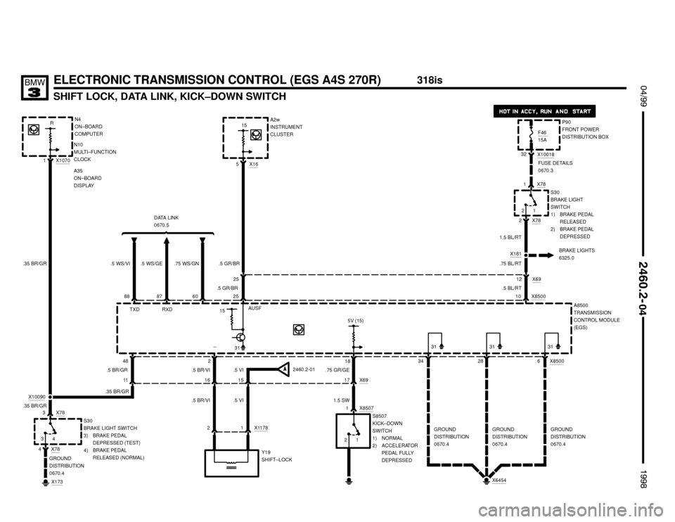 BMW 318is 1998 E36 Electrical Troubleshooting Manual 
SHIFT LOCK, DATA LINK, KICK–DOWN SWITCH
 $%%
	
%%&

ELECTRONIC TRANSMISSION CONTROL (EGS A4S 270R)
15
5V (15)
15
25
48 234 6 X8500
25X16
5A2w
INSTRUMENT
CLUSTER
A8500
TRANSMISSIO