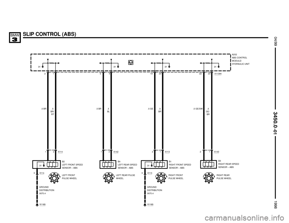 BMW M3 1998 E36 Electrical Troubleshooting Manual 6 1
SLIP CONTROL (ABS) $%%

%%&

2519202223 X11394
.5 BR
12X11412 X14221X11312 X143
B2
LEFT FRONT SPEED
SENSOR – ABSB4
LEFT REAR SPEED
SENSOR – ABSB1
RIGHT FRONT SPEED
SENSOR