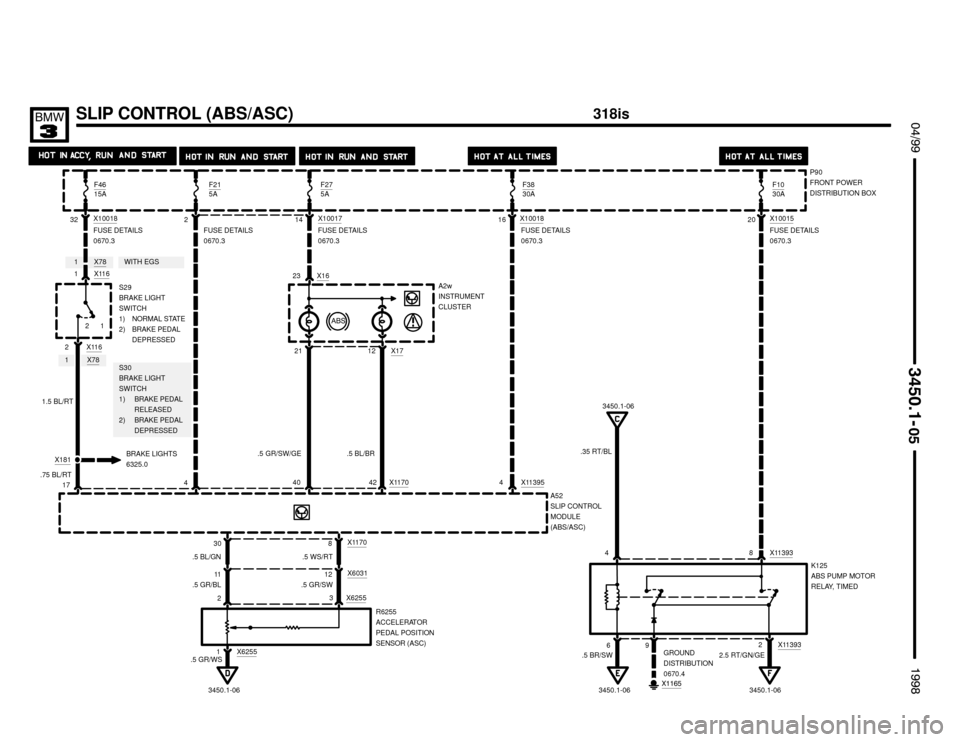 BMW 318is 1998 E36 Electrical Troubleshooting Manual S30
BRAKE LIGHT
SWITCH
1) BRAKE PEDAL
RELEASED
2) BRAKE PEDAL
DEPRESSED1X78
1X78
X11395
X11393
SLIP CONTROL (ABS/ASC) $%%

%%&

K125
ABS PUMP MOTOR
RELAY, TIMED

32X10018
1X116
.5 GR/