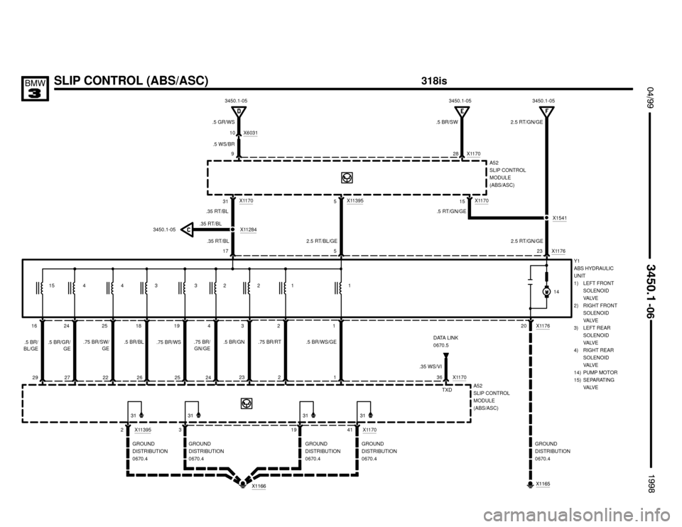 BMW 318is 1998 E36 Electrical Troubleshooting Manual GROUND
DISTRIBUTION
0670.4
 $%%

%%&
	
28 X1170
.5 BR/SW
23 X11765
18194231
.5 BR/BL.75 BR/WS.75 BR/
GN/GE.75 BR/RT.5 BR/GN.5 BR/WS/GE
262524223136 X1170
.35 WS/VI
2
20 X1176
2.5 RT/GN/GE
A5