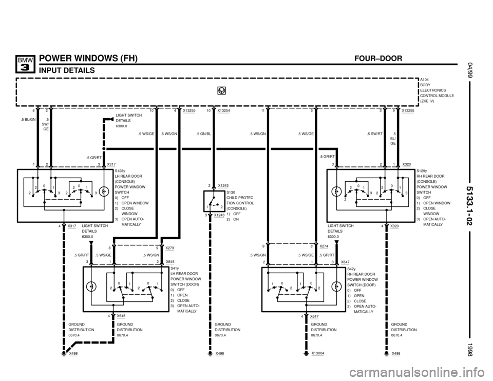 BMW M3 1998 E36 Electrical Troubleshooting Manual 3 10
82
2
.5
SW/
GE
POWER WINDOWS (FH)
INPUT DETAILS
 $%%

%%&

FOUR–DOOR
2
4 X317
0
3 21
LIGHT SWITCH
DETAILS
6300.0
S128y
LH REAR DOOR
(CONSOLE)
POWER WINDOW
SWITCH
0) OFF
1) OPEN WI