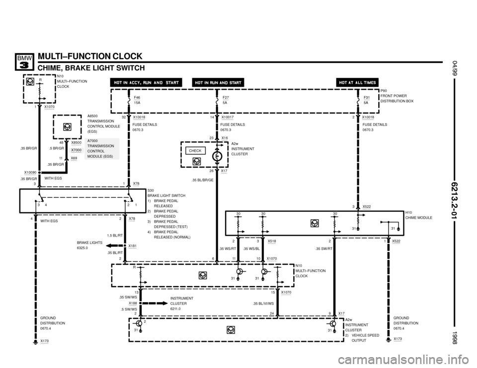 BMW 318is 1998 E36 Electrical Troubleshooting Manual X181

CHIME, BRAKE LIGHT SWITCH
MULTI–FUNCTION CLOCK $%%
	
%%&

A2w
INSTRUMENT
CLUSTER
2) VEHICLE SPEED
OUTPUT
30
31
1.5 BL/RT
.35 SW/RT 322 X10018
1
3
H10
CHIME MODULE
4 X78
2
2 X522
X