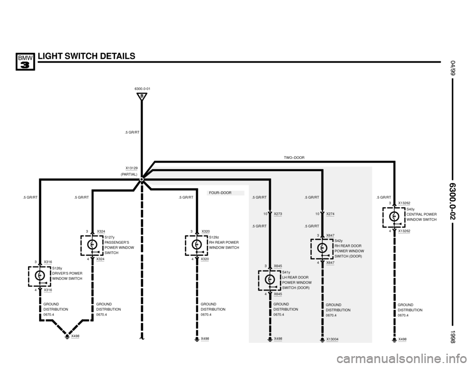 BMW M3 1998 E36 Electrical Troubleshooting Manual LIGHT SWITCH DETAILS $%%
	
%%&
6300.0-01
.5 GR/RT
.5 GR/RT

X13129

GROUND
DISTRIBUTION
0670.4
3 X324
S126y
DRIVER’S POWER
WINDOW SWITCH
X3163
X3164
GROUND
DISTRIBUTION
0670.4
