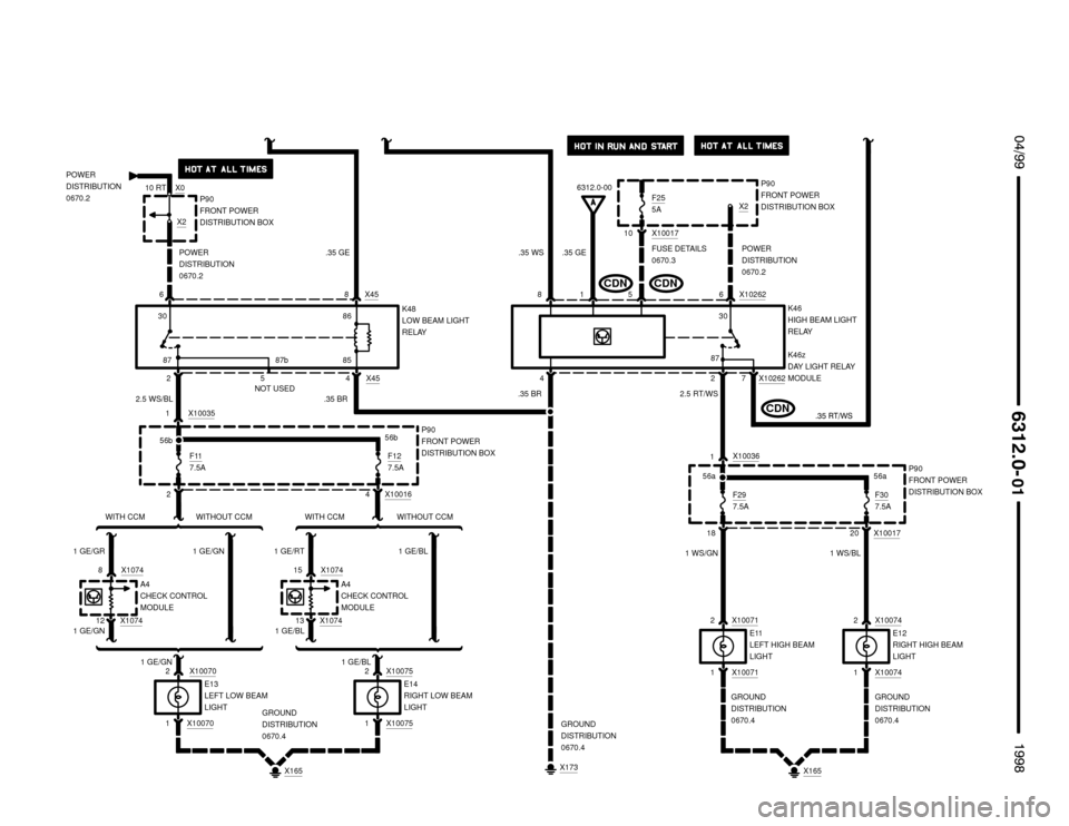 BMW M3 1998 E36 Electrical Troubleshooting Manual E13
LEFT LOW BEAM
LIGHT
X10262
 $%%
	
%%&

181X10036
P90
FRONT POWER
DISTRIBUTION BOX 56a
6POWER
DISTRIBUTION
0670.28 X45
.35 GE
87
2 X454
2.5 WS/BL
6
42 .35 WSPOWER
DISTRIBUTION
0670.2
8
K4
