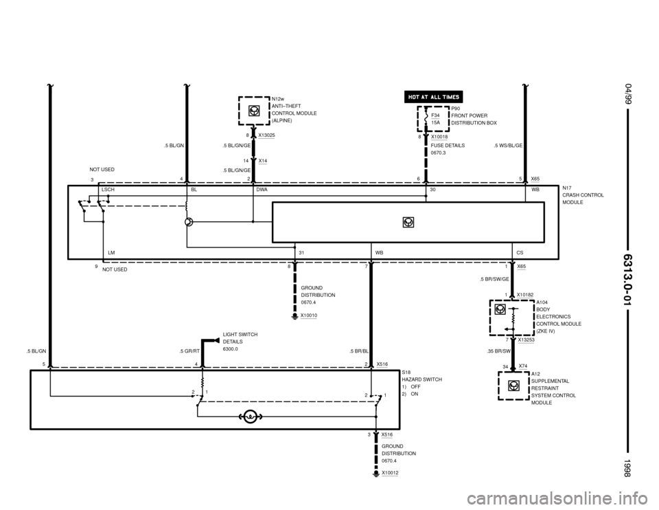 BMW M3 1998 E36 Electrical Troubleshooting Manual 2 X516
 $%%
	
%%&

9 3
GROUND
DISTRIBUTION
0670.4
N17
CRASH CONTROL
MODULE
.5 BL/GN.5 WS/BL/GE
45 X65
8 7 X651
.5 BR/SW/GE
.5 BR/BL
S18
HAZARD SWITCH
1) OFF
2) ON
X516
3 54 .5 BL/GN
.5 GR/RT
