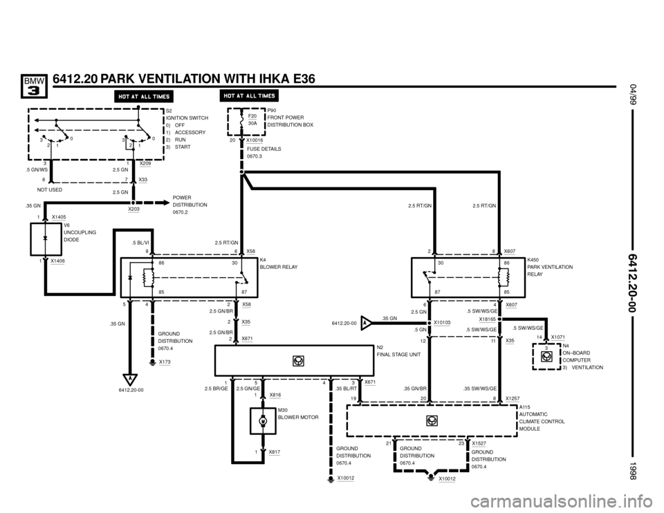 BMW 318is 1998 E36 Electrical Troubleshooting Manual  $%%
	
%%&

6412.20 PARK VENTILATION WITH IHKA E36
P90
FRONT POWER
DISTRIBUTION BOX
8 X586
X1001620
42
FUSE DETAILS
0670.3
2.5 RT/GN
X8171GROUND
DISTRIBUTION
0670.4
X10012
K4
BLOWER RELA