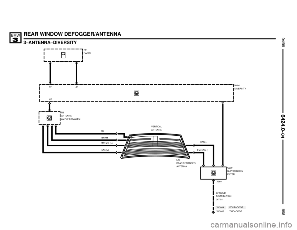 BMW M3 1998 E36 Electrical Troubleshooting Manual REAR WINDOW DEFOGGER/ANTENNA
3–ANTENNA–DIVERSITY
 $%%
	
%%&

E10
REAR DEFOGGER/
ANTENNA N9
RADIO
N404
DIVERSITY
VERTICAL
ANTENNA
C900
SUPPRESSION
FILTER
GROUND
DISTRIBUTION
0670.4
N8
