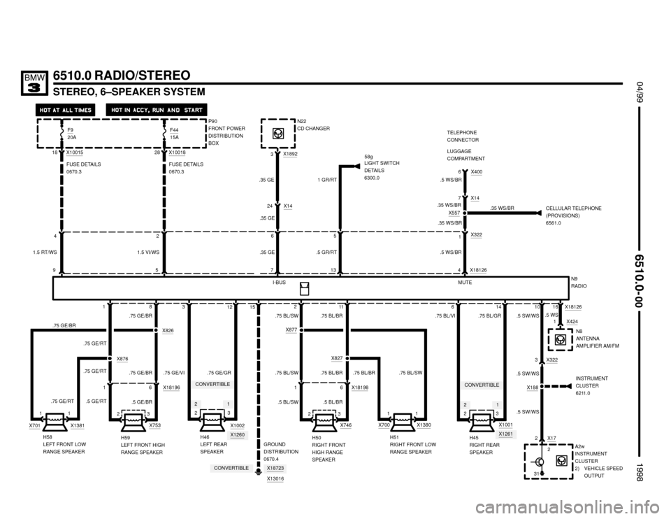 BMW 318is 1998 E36 Electrical Troubleshooting Manual CONVERTIBLECONVERTIBLE
12
X1260
12
23
6510.0 RADIO/STEREO
STEREO, 6–SPEAKER SYSTEM
 $%%
	
%%&

N9
RADIO
H59
LEFT FRONT HIGH
RANGE SPEAKER 1
16
H58
LEFT FRONT LOW
RANGE SPEAKER
