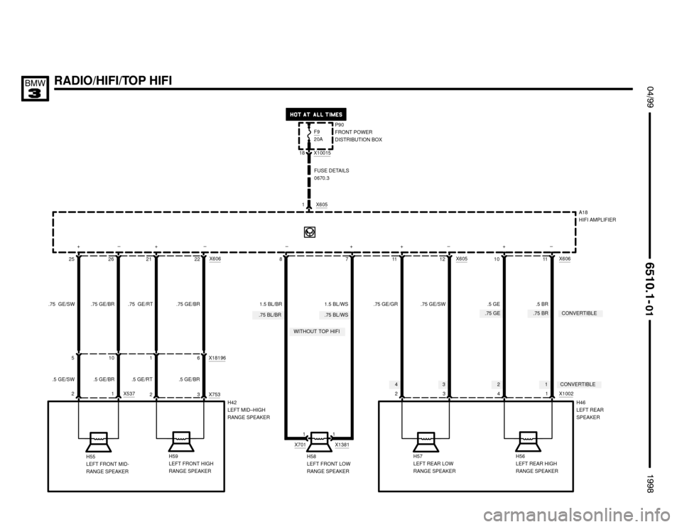 BMW 318is 1998 E36 Electrical Troubleshooting Manual 1234
.75 BR.75 GE.75 BL/WS.75 BL/BR

.5 GE/BR.5 GE/SW
RADIO/HIFI/TOP HIFI $%%
	
%%&

 
H55
LEFT FRONT MID-
RANGE SPEAKERH59
LEFT FRONT HIGH
RANGE SPEAKERH58
LEFT FRONT LOW
RANGE 