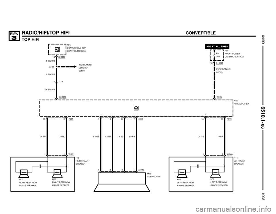 BMW 318is 1998 E36 Electrical Troubleshooting Manual 
TOP HIFI
RADIO/HIFI/TOP HIFI $%%
	
%%&
	
 
H53
RIGHT REAR HIGH
RANGE SPEAKERH52
RIGHT REAR LOW
RANGE SPEAKER
13
.75 BR
.75 BL
1212A18
HIFI AMPLIFIER
P90
FRONT POWER
DISTRIBUTION 
