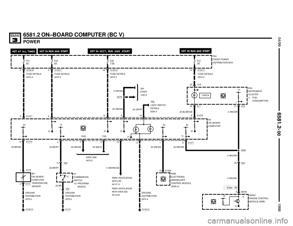 BMW 328i 1998 E36 Electrical Troubleshooting Manual 318is83 .35 SW/GN
15 X1659
.5 WS/SW
6581.2 ON–BOARD COMPUTER (BC V)
POWER
 $%%
	
%%&

B21
ON–BOARD
COMPUTER
TEMPERATURE
SENSORS7
COMBINATION
SWITCH
10) PROGRAM
MODUSA2w
INSTRUMENT
CLU