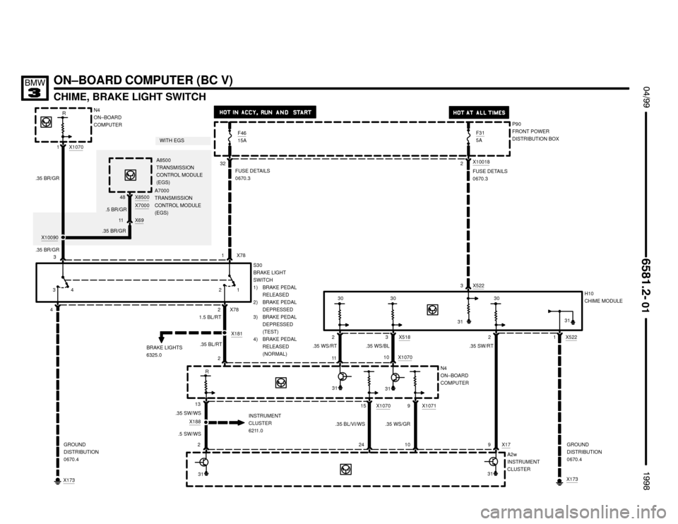 BMW 328i 1998 E36 Electrical Troubleshooting Manual WITH EGS
X181
ON–BOARD COMPUTER (BC V)
CHIME, BRAKE LIGHT SWITCH
 $%%
	
%%&

A2w
INSTRUMENT
CLUSTER
30
1.5 BL/RT
.35 SW/RT 32
FUSE DETAILS
0670.3
1
H10
CHIME MODULE
X78 2
2 X522
GROUND
