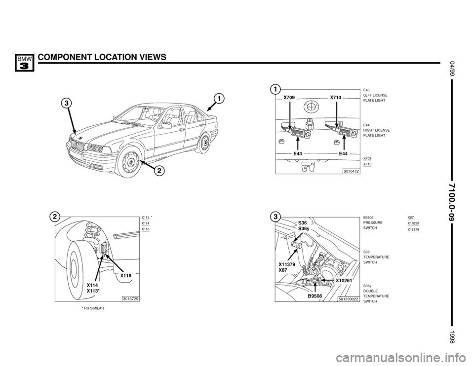 BMW M3 1998 E36 Electrical Troubleshooting Manual COMPONENT LOCATION VIEWS $%%


%%&


E43
LEFT LICENSE
PLATE LIGHT
B9508
PRESSURE
SWITCH X113
X114X118
S36
TEMPERATURE
SWITCHX87
X10261
X11379
E44
RIGHT LICENSE
PLATE LIGHT
X70
