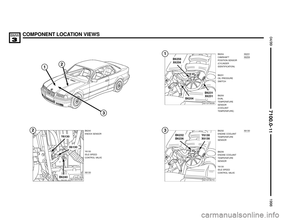 BMW 318is 1998 E36 Electrical Troubleshooting Manual COMPONENT LOCATION VIEWS $%%


%%&


B6204
CAMSHAFT
POSITION SENSOR
(CYLINDER
IDENTIFICATION)
B6232
ENGINE COOLANT
TEMPERATURE
SENSOR B6240
KNOCK SENSOR
Y6130
IDLE SPEED
CONTROL