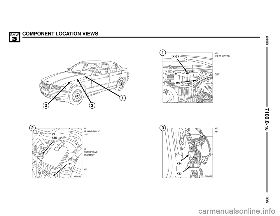 BMW 318is 1998 E36 Electrical Troubleshooting Manual COMPONENT LOCATION VIEWS $%%


%%&
	
M3
WIPER MOTOR
X13
Y1
ABS HYDRAULIC
UNIT

Y4
WATER VALVE
ASSEMBLY
X85
X333
X14


 
