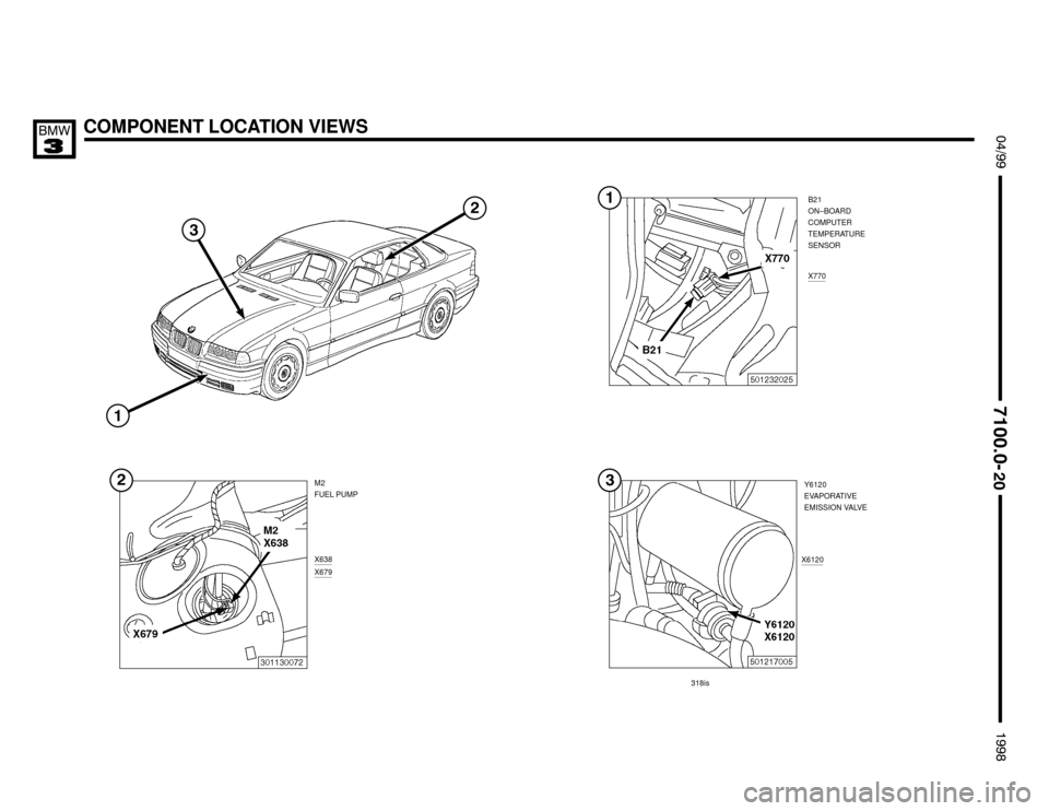 BMW 318is 1998 E36 Electrical Troubleshooting Manual COMPONENT LOCATION VIEWS $%%


%%&
M2
FUEL PUMP
X6120X638X679


318isY6120
EVAPORATIVE
EMISSION VALVE

B21
ON–BOARD
COMPUTER
TEMPERATURE
SENSOR
X770 