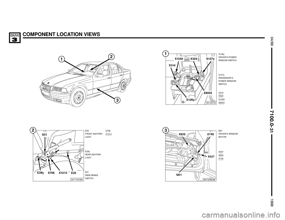 BMW 323i 1998 E36 Electrical Troubleshooting Manual COMPONENT LOCATION VIEWS $%%


%%&


S126y
DRIVER’S POWER
WINDOW SWITCH
M21
DRIVER’S WINDOW
MOTOR E25
FRONT ASHTRAY
LIGHT
E28y
REAR ASHTRAY
LIGHT
S31
PARK BRAKE
SWITCHX706