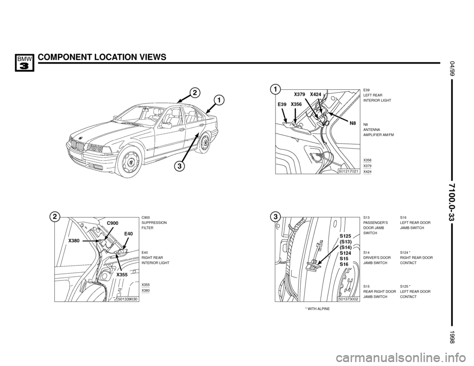 BMW M3 1998 E36 Electrical Troubleshooting Manual COMPONENT LOCATION VIEWS $%%


%%&


E39
LEFT REAR
INTERIOR LIGHT
S13
PASSENGER’S
DOOR JAMB
SWITCH C900
SUPPRESSION
FILTER
E40
RIGHT REAR
INTERIOR LIGHT
X355
X380
S14
DRIVER