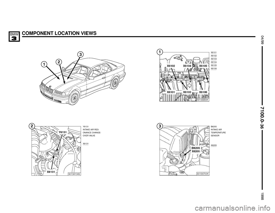 BMW 318is 1998 E36 Electrical Troubleshooting Manual COMPONENT LOCATION VIEWS $%%


%%&
	

B6205
INTAKE AIR
TEMPERATURE
SENSOR X6101
X6102X6103X6104X6105X6106
X6205


Y6131
INTAKE AIR RES-
ONANCE CHANGE-
OVER VALVE
X6131
 