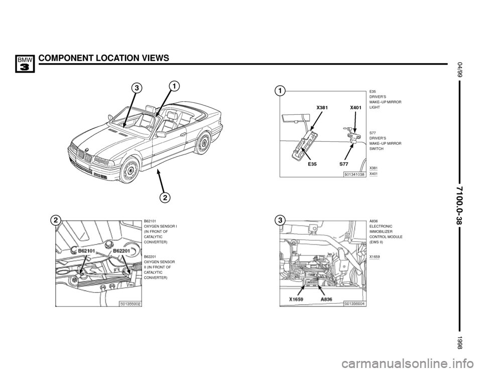 BMW 318is 1998 E36 Electrical Troubleshooting Manual B62201
OXYGEN SENSOR
II (IN FRONT OF
CATALYTIC
CONVERTER)
COMPONENT LOCATION VIEWS $%%


%%&

E35
DRIVER’S
MAKE–UP MIRROR
LIGHT
A836
ELECTRONIC
IMMOBILIZER
CONTROL MODULE
(EW