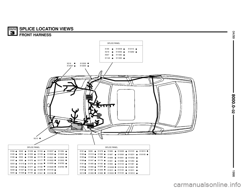 BMW 318is 1998 E36 Electrical Troubleshooting Manual SPLICE LOCATION VIEWS
FRONT HARNESS
		


		

X216
X10027
X215

X13304X10302

SPLICE PANEL
 




X195
X218
X557
X1149X10009
X10064
X11282
X11283


X13115
X13282
X