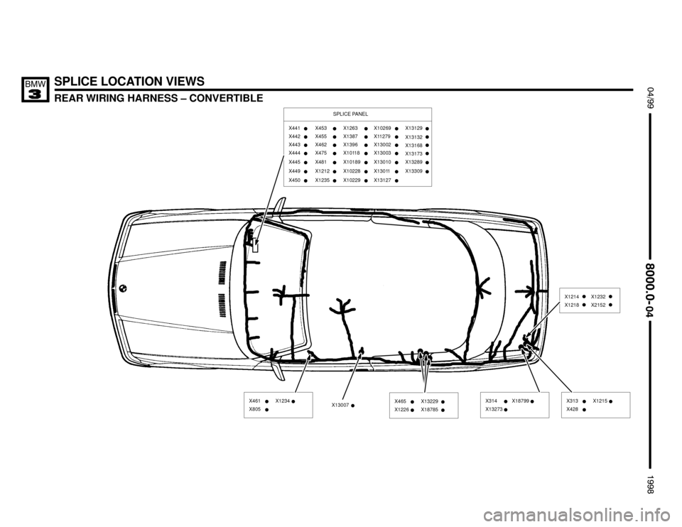 BMW 328i 1998 E36 Electrical Troubleshooting Manual SPLICE LOCATION VIEWS
REAR WIRING HARNESS – CONVERTIBLE
		


		


X461
X805X1234
X314
X13273X18799
X313
X428X1215X13007





X441
X449 X445
X444 X443
X442
X4